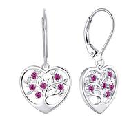 JO WISDOM Women Earrings,925 Sterling Silver Family Heart Tree of Life Leverback Drop & Dangle Earrings with 3A Cubic Zirconia July Birtstone Ruby Color