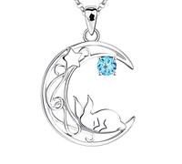 JO WISDOM Women Hare Necklace,925 Sterling Silver Moon Star Rabbit Pendant Necklace with AAA Cubic Zirconia March Birthstone Aquamarine Color
