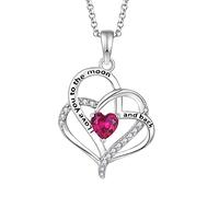 JO WISDOM Women Heart Necklace,925 Sterling Silver I Love You To The Moon and Back Pendant Necklace with 3A Cubic Zirconia July Birthstone Ruby Color