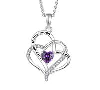 JO WISDOM Women Heart Necklace,925 Sterling Silver I Love You To The Moon and Back Pendant Necklace with 3A Cubic Zirconia February Birthstone Amethyst Color