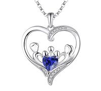 JO WISDOM Women Mum Heart Necklace,925 Sterling Silver Mother Daughter/Son 3 Kids Father Family 3A Cubic Zirconia September Birthstone Sapphire Color Pendant Necklace,Gift for Mom
