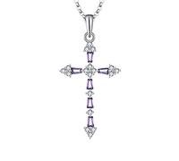 JO WISDOM Women Necklace,925 Sterling Silver Cross Crucifix 3A Cubic Zirconia February Birthstone Amethyst Color Pendant Necklace,Gift for Mum