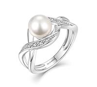 JO WISDOM Women Pearl Ring,925 Sterling Silver 7mm Pearl Engagement Ring with 3A Cubic Zirconia,Jewellery for Women R