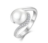 JO WISDOM Women Pearl Ring,925 Sterling Silver 9mm Pearl Ring with 3A Cubic Zirconia,Jewellery for Women M
