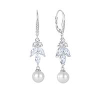 JO WISDOM Women Pearl Wedding Earrings,925 Sterling Silver Bridal Bridesmaid Dangle & Drop Earrings with 3A Cubic Zirconia with White Gold Plated