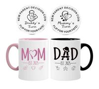 JOAASU 2 Pack Mummy and Daddy Mugs, New Mum Dad Coffee Mugs Set with Decision Coin, New Parents Gifts, Thoughtful Baby Shower Cups for Expecting Parents (Black+Pink)