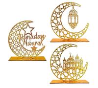 JOAASU 3 Pieces Ramadan Decorations, Wooden Eid Mubarak Decorations for Home, Ramadan Table Sign, Hollow Moon Castle Lantern Ornaments for Muslim Islamic Party Tabletop Decor