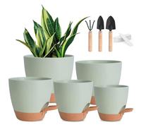 JOAASU 5 Pack Self Watering Plant Pots, Plant Pots Indoor, Self Watering PlasticPots with Reservoir Drainage Hole & Saucer Indoor Outdoor Planter for House Plants Garden Modern Decor (Green)