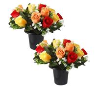JOAASU Artificial Flowers For Graves, 2pcs Grave Flower In Pot, Artificial Grave Flowers Pots, 12 Head, Artificial Flower for Cemetery, Memorial, Christmas Decorations (Red,Orange, Yellow)