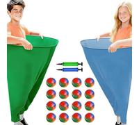 JOAASU Granny Pants Yard Game Set, 2 Pairs Kids Giant Pants, 16 Colourful Bouncy Balls & 2 Pumps, Funny Outdoor Toss Game for Garden, Lawn & Party, Fun for Kids & Family, 60 x 80cm, Green & Blue