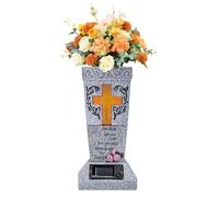 JOAASU Solar Memorial Cemetery Flower Vase, Solar Cemetery Grave Vase with LED and Spikes, Grave Flower Pots with Cross, Gravestone Decorations Memorial Present for Loss of Loved (Grey)