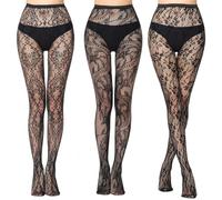 Joalpysm 3 Pack Black Patterned Tights for Womens High Waist Fishnet Tights Lace Floral Pantyhose Stockings High Elasticity