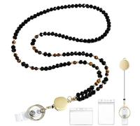 Joalpysm Beaded Lanyard, Natural Stone Beaded Lanyards for Women, Personalised Retractable Teacher Lanyards for Neck with ID Holder, Lanyard Personalised for Students, Employees, and Doctors