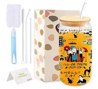 Joalpysm Friends Glass Cup Set with Lid and Straw - 16oz Iced Coffee Tumbler, Central Perk Design Drinking Glass for Water, Cocktail, Soda, Ideal Gift for Women Men