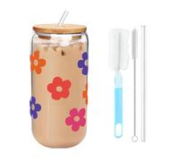 Joalpysm Small Flower Glass Cups with Lids and Straws, 16oz Elegant Iced Coffee Cup, Multifunctional Glass Tumbler for Cocktail, Coke, Soda