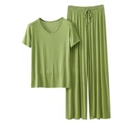 JOASDAO 2 Piece Pyjama Sets for Women Soft Loungewear Summer Casual V Neck Short Sleeve Top and Wide Leg Long Pants Pjs Set(01#Light Green,XL)