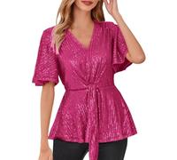 JOASDAO 2024 Elegant Sparkly Sequin Tops for Women V Neck Tie Front Short Bell Sleeve Shirts Peplum Tops Party Dressy Blouses(Hot Pink,XL)