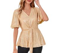 JOASDAO 2024 Elegant Sparkly Sequin Tops for Women V Neck Tie Front Short Bell Sleeve Shirts Peplum Tops Party Dressy Blouses(Gold,XL)