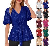 JOASDAO 2024 Elegant Sparkly Sequin Tops for Women V Neck Tie Front Short Bell Sleeve Shirts Peplum Tops Party Dressy Blouses(Blue,XL)