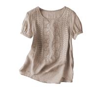 JOASDAO Cotton Linen Shirts for Women 2025 Trendy Summer Boho Floral Embroidered Short Sleeve Blouse Dressy Casual Plain Tops(Soft Taupe,3XL)