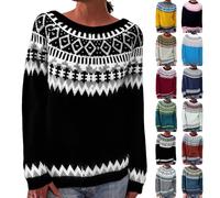 JOASDAO Fairisle Jumper Women Oversized Long Sleeve Vintage Knitting Pattern Stitch Wool Jumpers Knitwear Sweater Pullover Tops Autumn Winter Warm Nordic Jumpers for Women UK Black