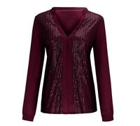 JOASDAO Glitter Sparkly Splicing Henley Collared Long Sleeve Casual Blouses Club Party Tunic Tops(Wine,XXL)