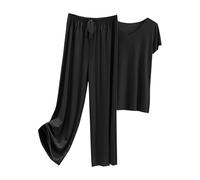 JOASDAO Ice Silk Cooling Pyjama Sets for Women Short Sleeve Top and Long Pants 2 Piece Pjs Set Soft Comfort Lounge Sleepwear(Black,M)