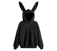 JOASDAO with Bunny Ears Fleece Plush Tultleneck Long Sleeve Pullover Warm Soft Hooded Sweatshirt(Black,M)