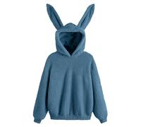 JOASDAO with Bunny Ears Fleece Plush Tultleneck Long Sleeve Pullover Warm Soft Hooded Sweatshirt(Blue,XL)