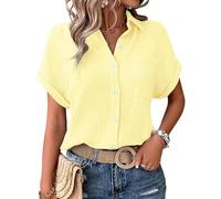 JOASDAO Women's Button Down Shirts Roll Up Cuffed Short Sleeve Blouses Dressy Casual V Neck Wrinkled Summer Tops with Pocket(Light Yellow,L)