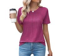 JOASDAO Women's Casual Crew Neck Short Sleeve Pleated Tops Slim Fit Floral Printed Tunic Shirts Ladies Summer Fashion Blouses(Rose Red,M)