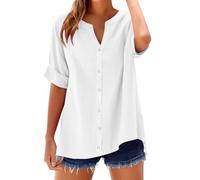 JOASDAO Women's Linen Button Down Shirts Casual V Neck Loose Fit Roll Up Sleeve Blouses Summer Lightweight Solid Tunic Tops(White,XL)