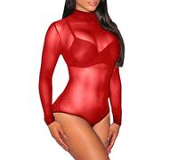 JOASDAO Women's Mesh Bodysuits with Long Sleeve Sheer Lingeries Sexy Top Going Out See Through High Neck Underwear for Ladies(Red,3XL)