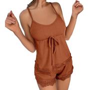 JOASDAO Women's Pajama Sets Sexy Lace Trim Sleeveless Pjs Set 2 Piece V Neck Tie Front Cami Top and Shorts Sleepwear Lingerie(Rust,S)