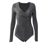 JOASDAO Womens Sequin Bodysuit Top Sparkle Long Sleeve Sexy Wrap V Neck Thong See Through Party Clubwear Going Out Tee Blouse(Black,L)