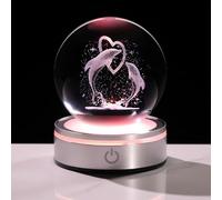 JOASURA 3D Dophin&Love Crystal Ball Night Lights with LED Multicolour Base,3.15inch Glass Dolphin Figurines Sphere Gifts for Women,Birthday Lovers Room Decoration