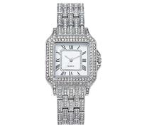 JOATVEE Diamond Watch Iced Out Women's Watch with Square Roman Numerals Quartz Analogue Watch Elegant Women's Watch with Diamond Strap, silver, Bracelet