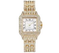 JOATVEE Diamond Watch Iced Out Women's Watch with Square Roman Numerals Quartz Analogue Watch Elegant Women's Watch with Diamond Strap, gold, Bracelet