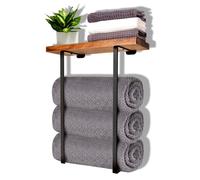Joben Oligey Towel Rack with Wooden Shelf, Black, Minimalist Design Storage Organizer for Large, Small, Hand Towels, Spa, Salon, RV