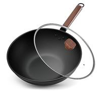 Jobin 13Inch/33cm Wok Non Stick with Lid Carbon Steel Wok and Large Capacity for Cook Asian Dishes for 4-6 People, Ideal for Induction, Gas, All Hobs