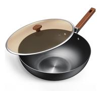 Jobin 32cm/5.2L Wok with Lid Pre-Seasoned Carbon Steel Frying Pan - No Chemical Coated - Large Capacity for Cook Asian Dishes for 4-6 People for Induction, Gas