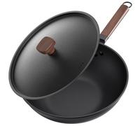 Jobin 33cm Carbon Steel Wok with Lid Non Stick, Induction Hob Compatible | No Chemical Coating, Large Family Size, Cook Asian Dishes, Serves 4-6, Flat Base, for Gas Electric Ceramic Hobs, PFOA Free