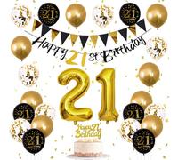 Jobkoo 21st Birthday Decorations for Him Her, Black Gold 21st Balloons Gold Black 21 Banner Cake Topper Number 21 Foil Balloon for Men 21 Year Old Birthday Party Decor