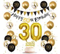Jobkoo 30th Birthday Decorations Men, Gold Black 30th Party Decoration 30th Black Gold Balloons 30 Banner Cake Topper for Women Thirty Birthday Decorations