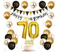 Jobkoo 70th Birthday Decorations - Gold Black Party Decor for Men Women With Balloons, Banners, Cake Decor and Number 70 Balloon
