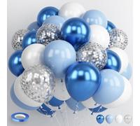 Jobkoo Blue and White Balloons - 60 PCS Set with Silver Confetti, 12 Inch Light Blue Balloons for Boy Kids Baby Shower Birthday Party Decorations