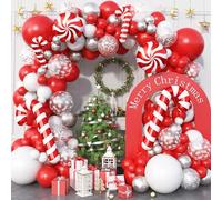 Jobkoo Christmas Balloon Arch Kit 129 Pcs Red White Silver Snowflake Confetti Latex Balloons Xmas Candy Cane Foil Balloon for Merry Christmas Friendsmas Winter New Year Birthday Party Decor