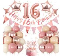 Jobkoo Girls 16th Birthday Decorations, Retro Pink Nude Sweet 16 Balloon Set Happy 16th Birthday Banner Cake Topper Dusty Pink Beige Rosegold Star Balloons for Boho 16 Year Old Bday Party Decoration