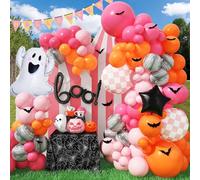 Jobkoo Halloween Balloon Arch - BOO Decor Kit with Ghost, Star Foil Balloons in Pink & Orange, Latex Balloons, 3D Bat Stickers for Kids' Happy Halloween Themed Baby Shower & Birthday Party Decoration