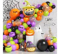 Jobkoo Halloween Balloon Arch Garland Kit, Balck Orange Purple Green Latex Balloons Black Confetti Foil 3D Bat Spider Pumpkin for Happy Party Decorations (QQ-113)